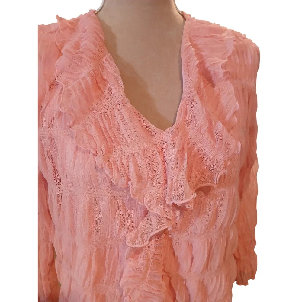 Massini Pink Ruffled V-Neck Blouse Mesh Pleated Top Large Fairy Feminine Stretch - Picture 2 of 9